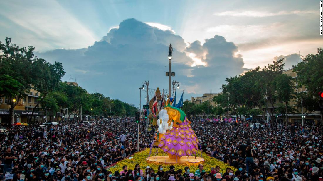 Students and anti-government protesters attend a rally at Democracy Monument on August 16, 2020 in Bangkok, Thailand.