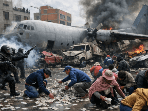 Boliviaans legervliegtuig met bankbiljetten stort neer in El Alto: chaos en plunderingen op straat Boliviaans legervliegtuig met bankbiljetten stort neer in El Alto: chaos en plunderingen op straat